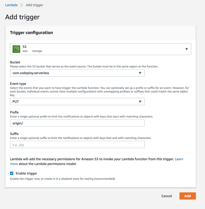 aggiunta trigger in aws lambda